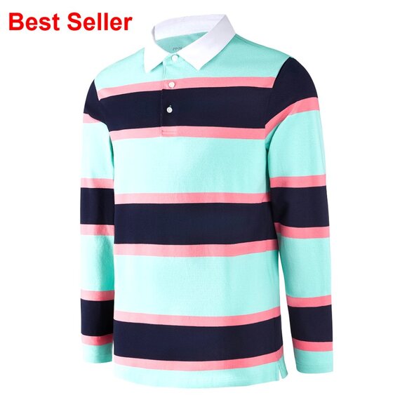 Long Sleeve Striped Polo Shirt Cotton Blend Spandex Dry Fit Collared